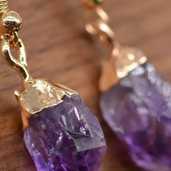 Natural Raw Amethyst Stone Dangle Earrings Purple Crystal Drop Earrings Handmade - Picture 2 of 5